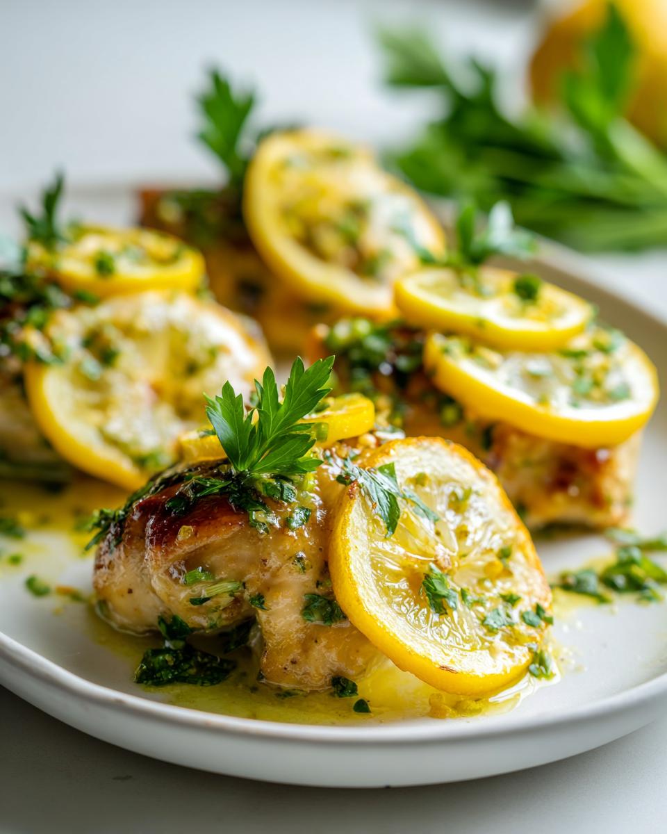 Close-up of pan-seared chicken breasts topped with thin lemon slices, parsley, and a bright lemon sauce, perfect for a Lemon Chicken Summer Dinner.