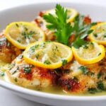 Close-up of pan-seared chicken breasts topped with lemon slices and parsley in a light lemon sauce for a Lemon Chicken Summer Dinner.