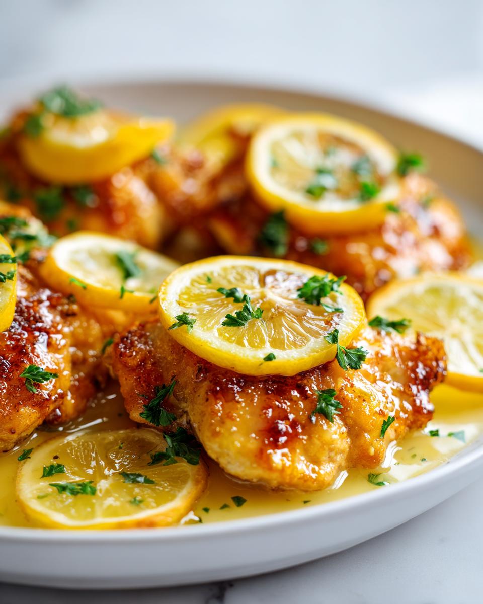 Close-up of pan-seared Lemon Chicken Summer Dinner pieces covered in a bright lemon sauce and garnished with fresh lemon slices and parsley.