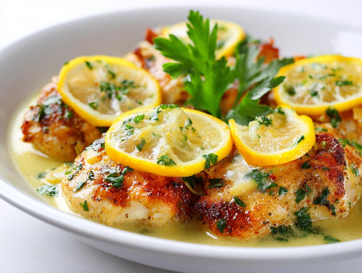 Close-up of pan-seared chicken breasts topped with lemon slices and parsley in a light lemon sauce for a Lemon Chicken Summer Dinner.