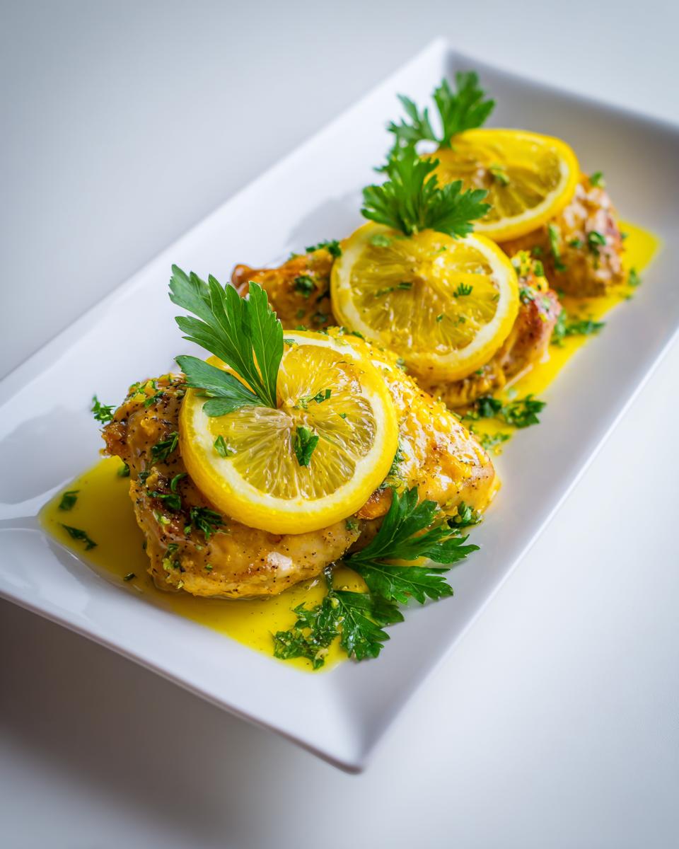 Three pieces of glistening Lemon Chicken Summer Dinner served on a white rectangular plate with lemon slices and parsley garnish.