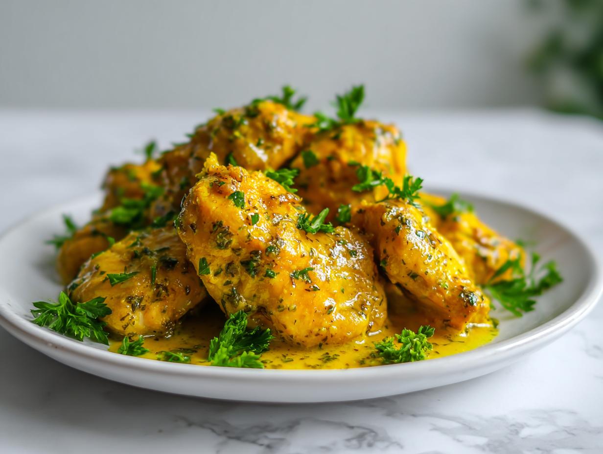 Close-up of glistening Lemon Garlic Chicken Summer pieces coated in a bright yellow sauce and garnished with fresh parsley.