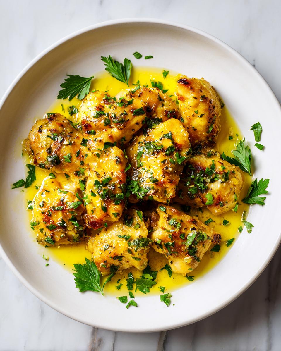Top-down view of golden Lemon Garlic Chicken Summer pieces swimming in a bright yellow sauce, garnished with fresh parsley.