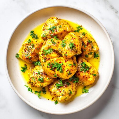 Several pieces of golden Lemon Garlic Chicken Summer served in a bright yellow sauce and garnished with fresh parsley.