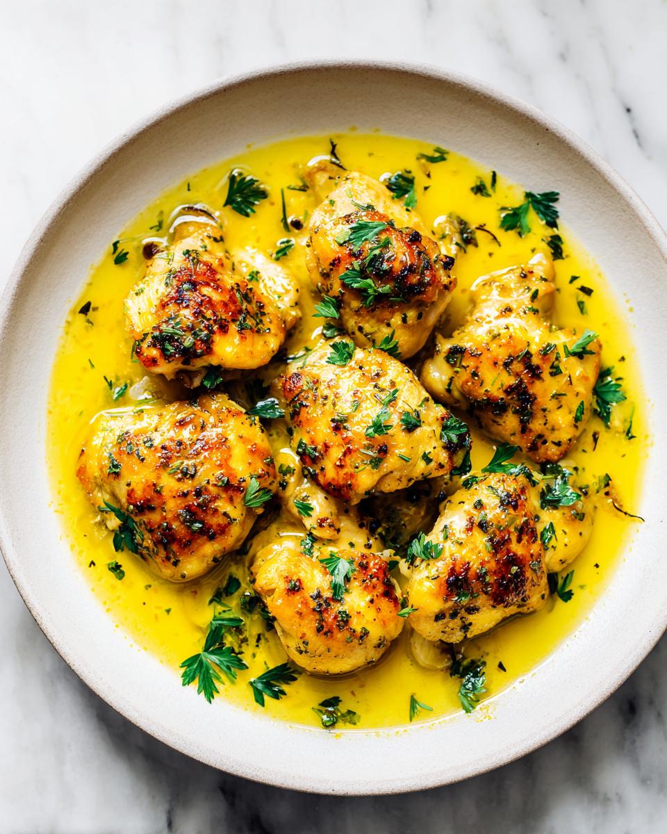 Six golden-brown pieces of Lemon Garlic Chicken Summer served in a bright yellow lemon butter sauce and garnished with fresh parsley.