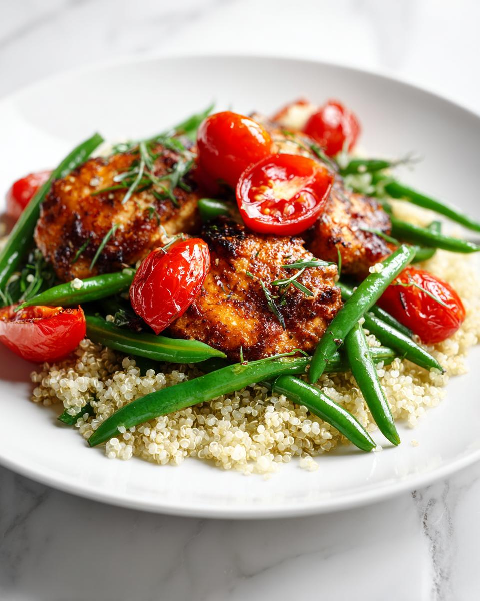 A plate featuring a Light Chicken Dinner Summer served over quinoa with bright green beans and halved cherry tomatoes.