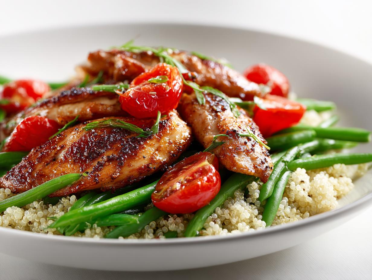 Seared chicken breast strips served over quinoa, green beans, and cherry tomatoes for a Light Chicken Dinner Summer.