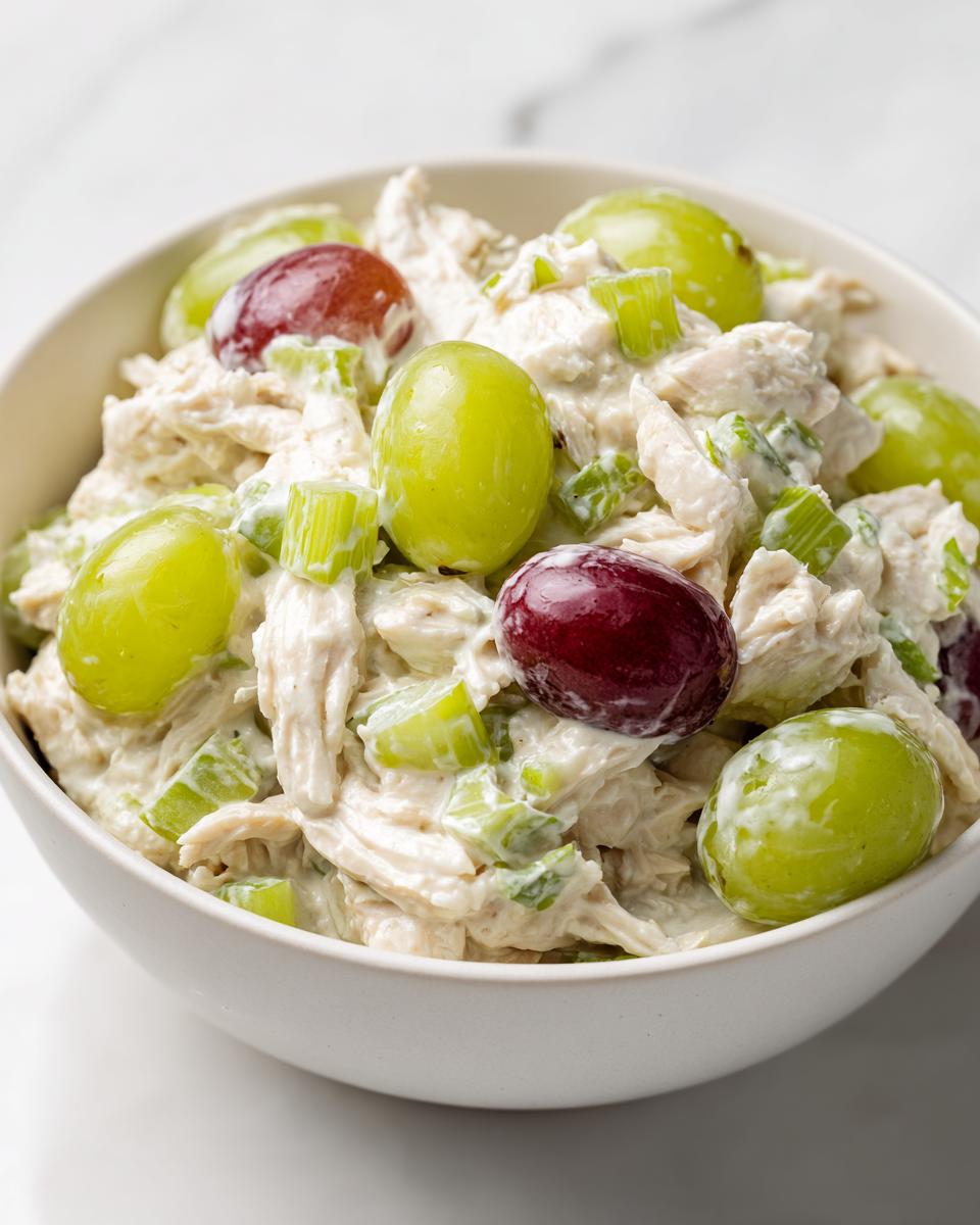 Close-up of creamy Light Summer Chicken Salad mixed with celery and topped with red and green grapes.