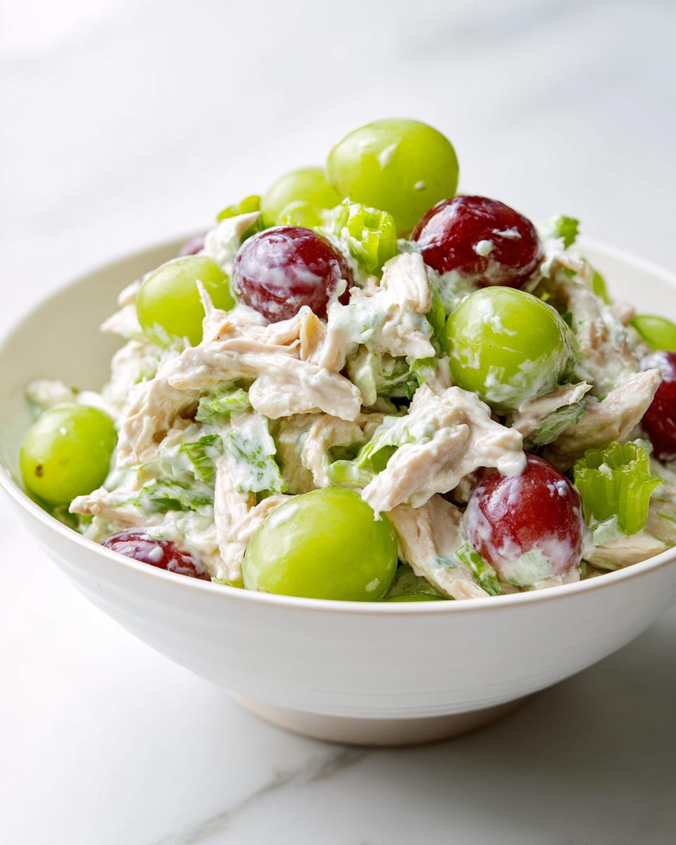 A bowl of creamy Light Summer Chicken Salad mixed with shredded chicken, celery, and whole red and green grapes.