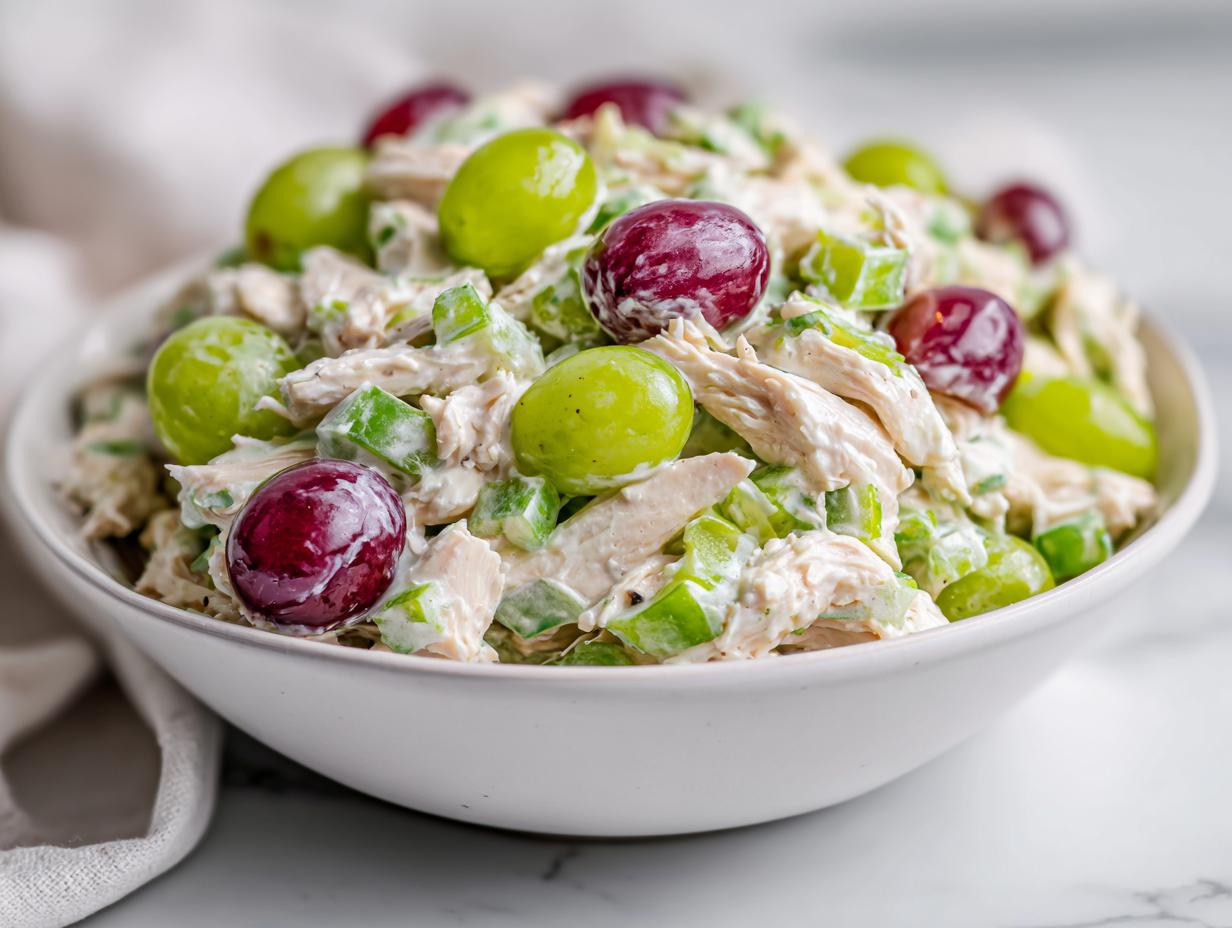 A white bowl filled with creamy Light Summer Chicken Salad mixed with celery and topped with red and green grapes.