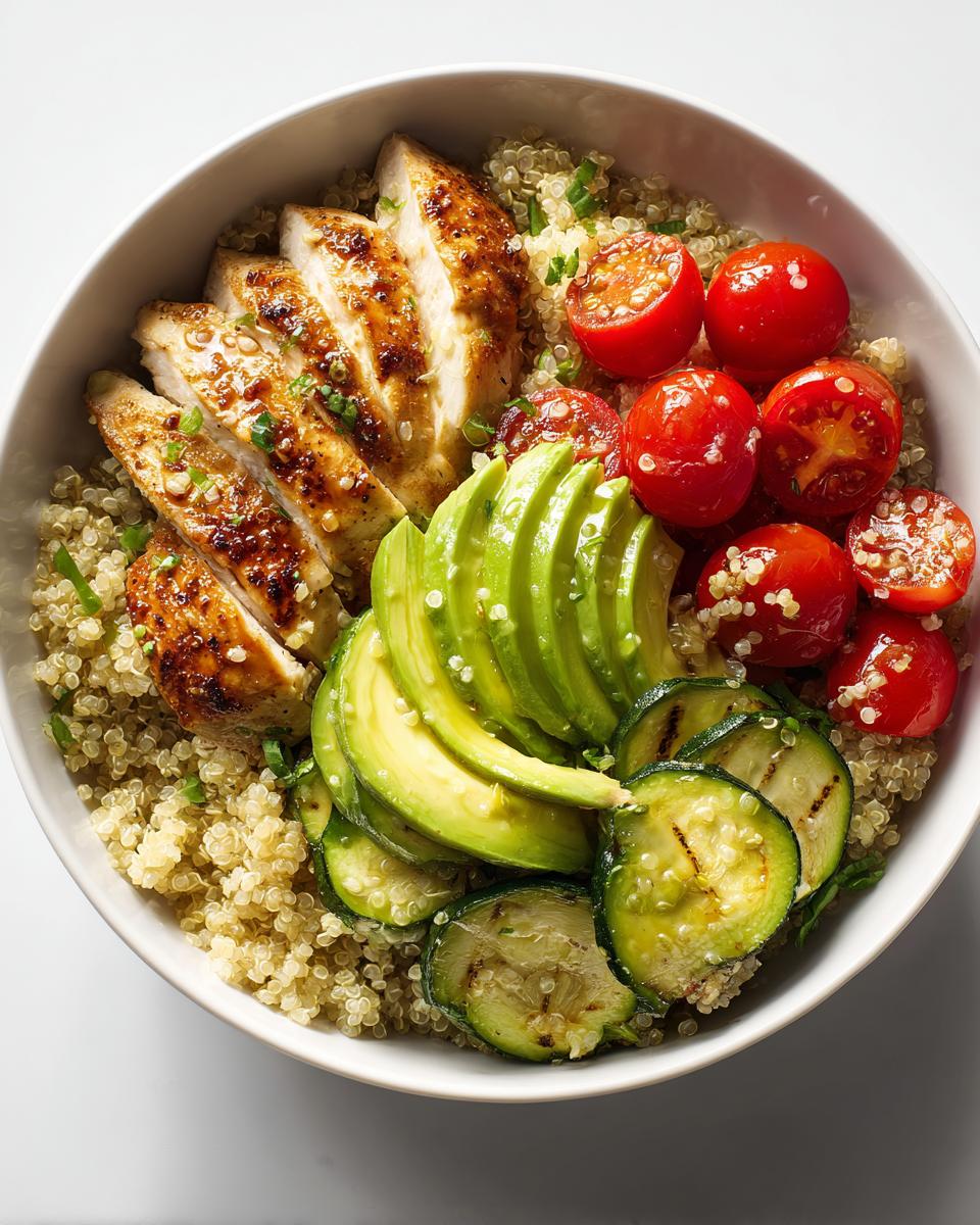 Overhead view of a vibrant Light Summer Dinner Bowl featuring sliced grilled chicken, avocado, grilled zucchini, and cherry tomatoes over quinoa.