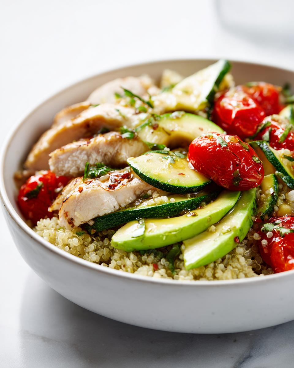 Close-up of a Light Summer Dinner Bowl featuring sliced grilled chicken, avocado, zucchini, and roasted tomatoes over quinoa.