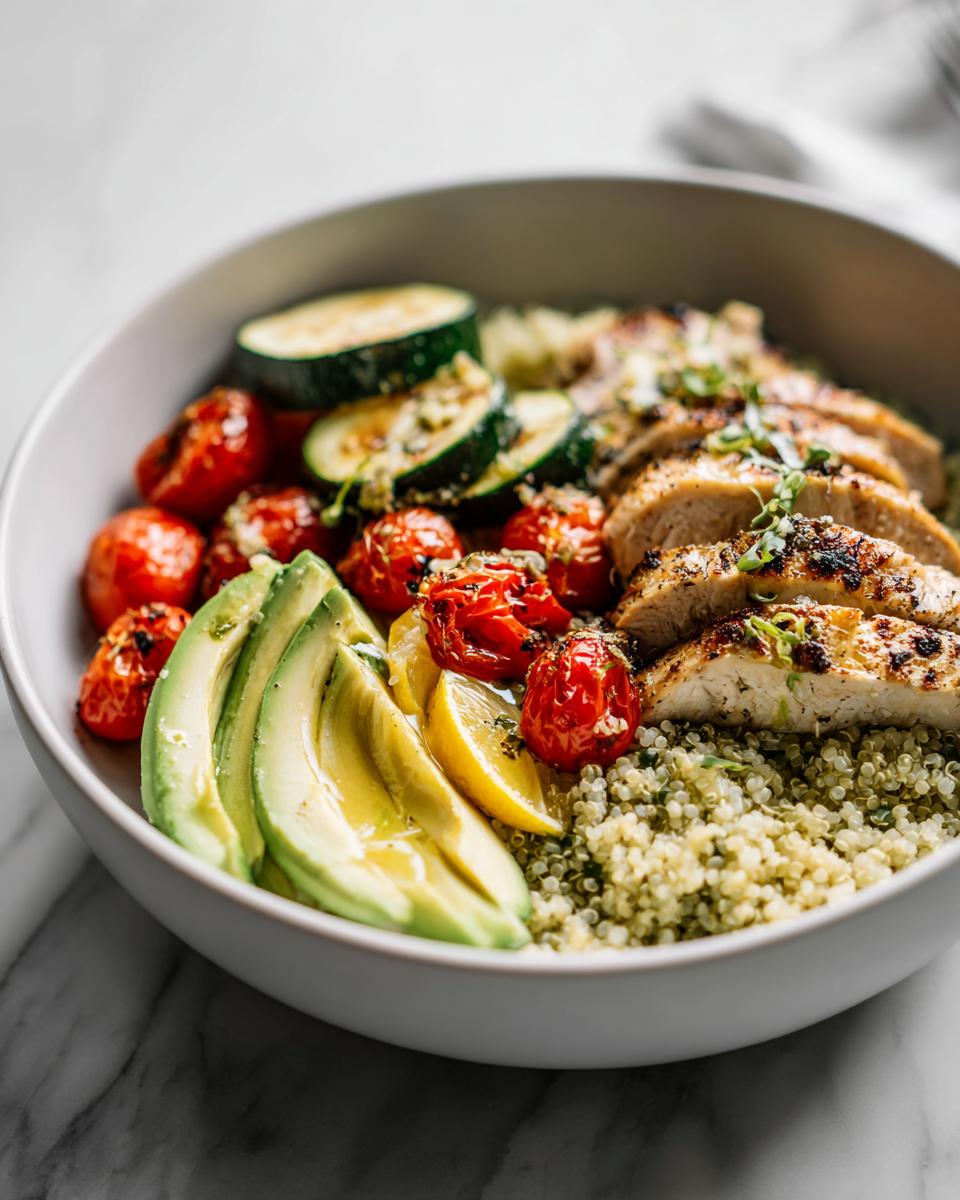 Close-up of a Light Summer Dinner Bowl featuring sliced grilled chicken, quinoa, avocado, roasted tomatoes, and zucchini.