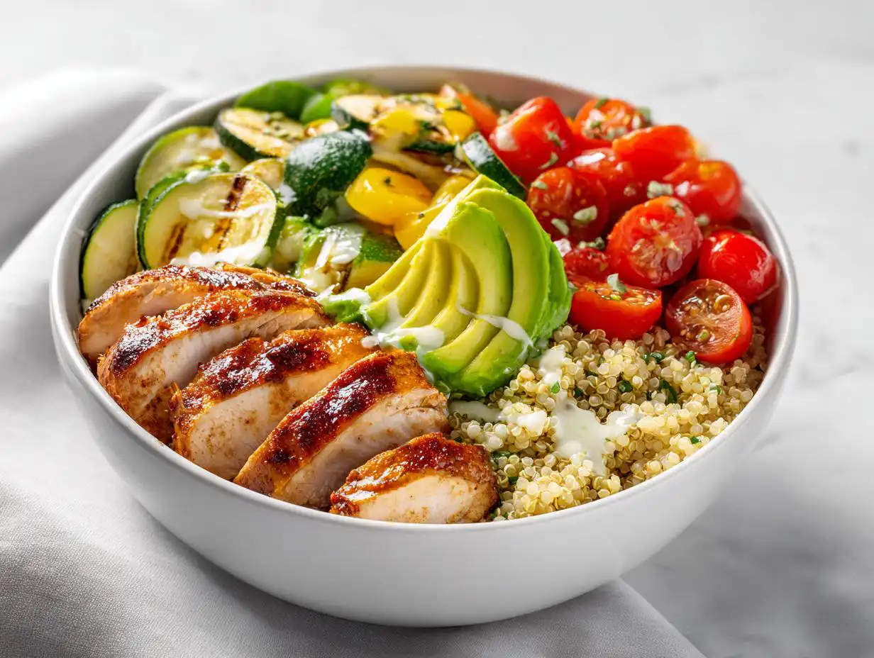 Close-up of a vibrant Light Summer Dinner Bowl featuring sliced grilled chicken, quinoa, avocado, grilled zucchini, and cherry tomatoes.