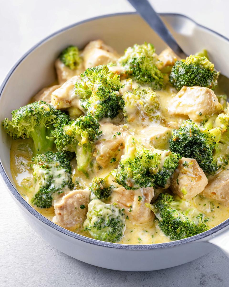 Close-up of Low Carb Creamy Chicken with Broccoli served in a white bowl with a creamy sauce.