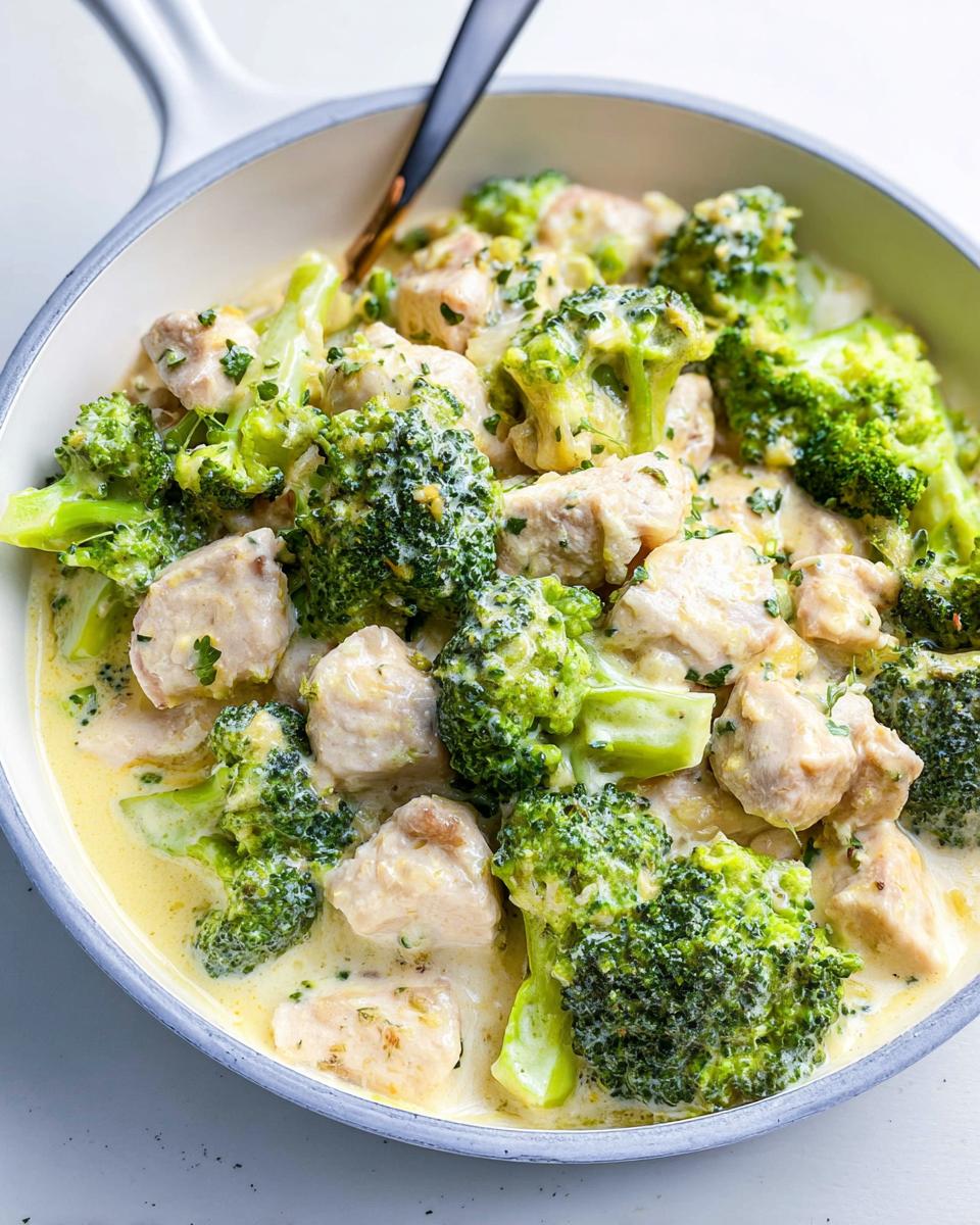 Close-up of Low Carb Creamy Chicken with Broccoli coated in a rich, light yellow sauce, served in a white skillet.