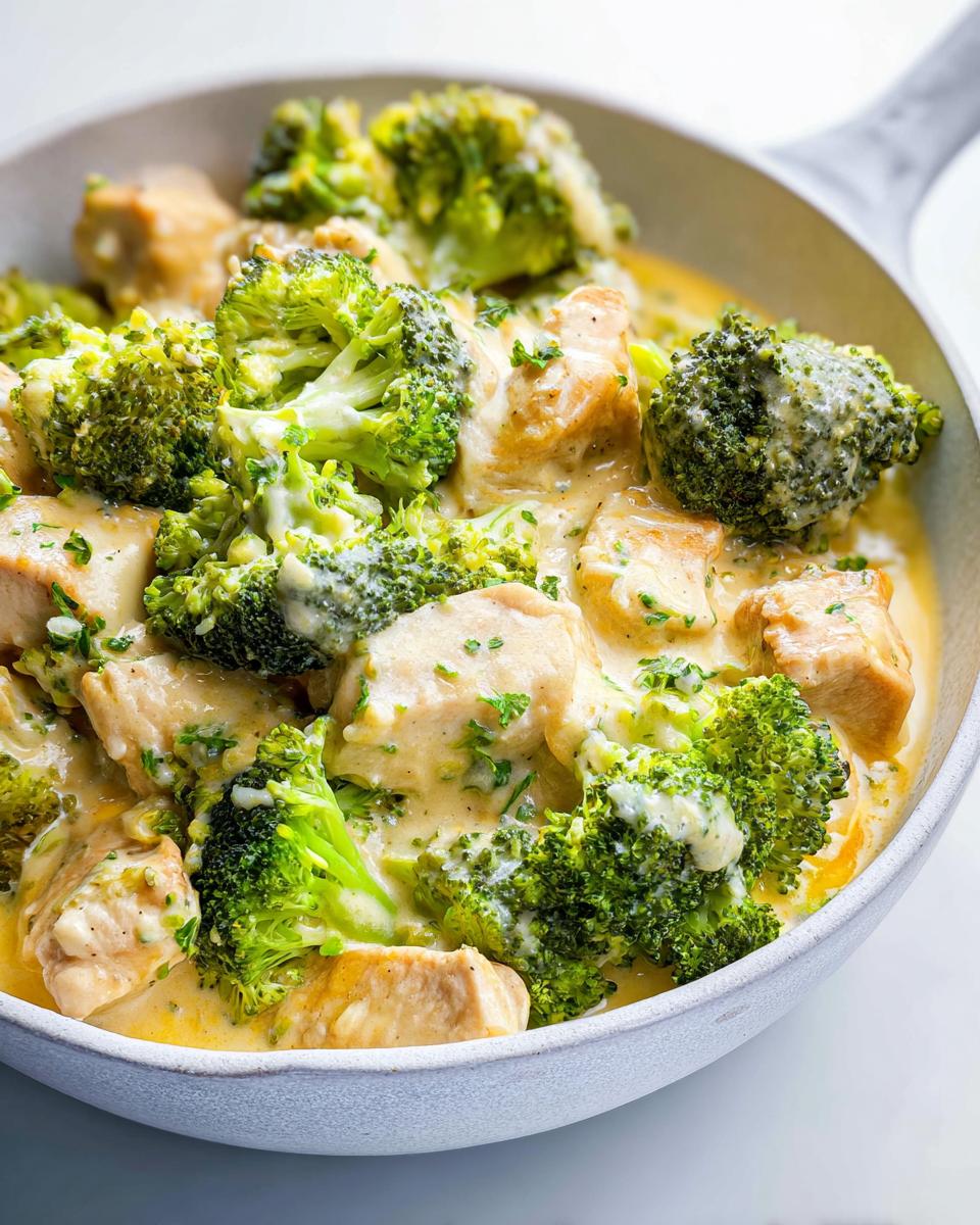 Close-up of Low Carb Creamy Chicken with Broccoli coated in a rich, cheesy sauce, garnished with parsley.