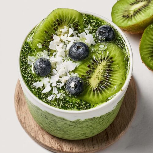 Close-up of vibrant green Matcha Overnight Oats topped with kiwi slices, blueberries, and coconut flakes.