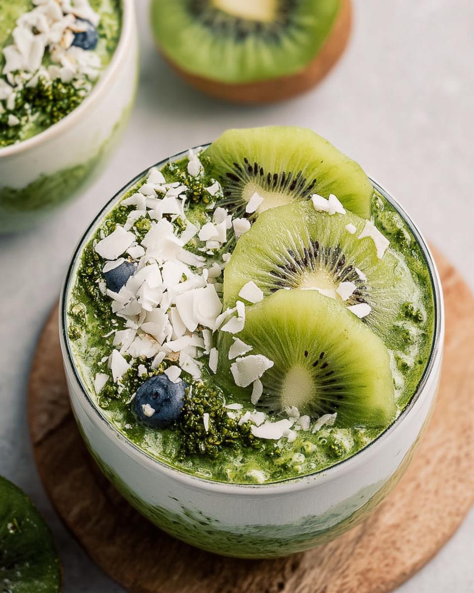 Close-up of vibrant green Matcha Overnight Oats topped with fresh kiwi slices, blueberries, and large coconut flakes.