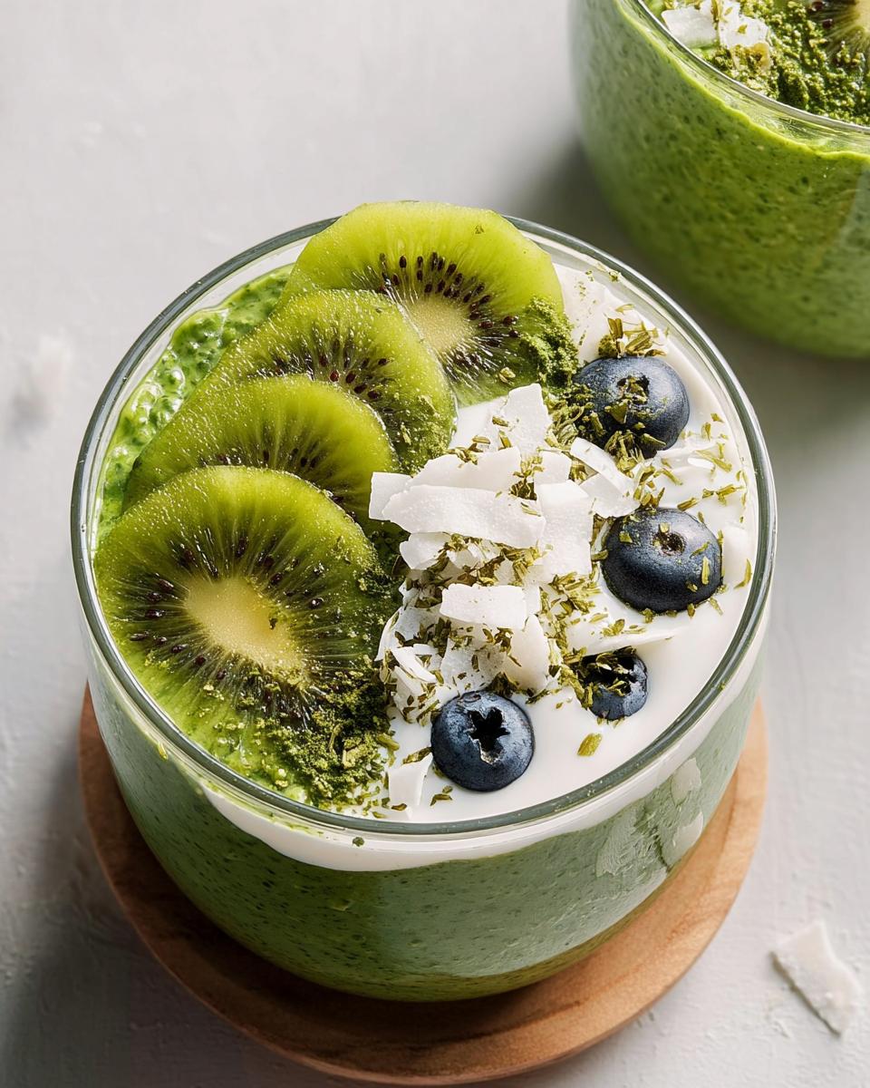 Close-up of Matcha Overnight Oats topped with kiwi slices, blueberries, coconut flakes, and yogurt.