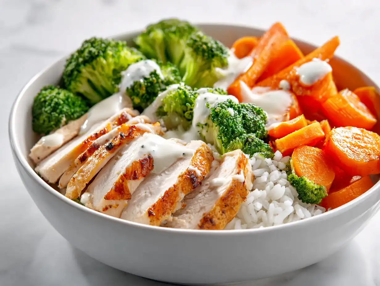 Close-up of a white bowl filled with rice, sliced grilled chicken, steamed broccoli, and carrots, drizzled with a light sauce, perfect for Meal Prep Summer Dinner Bowls.