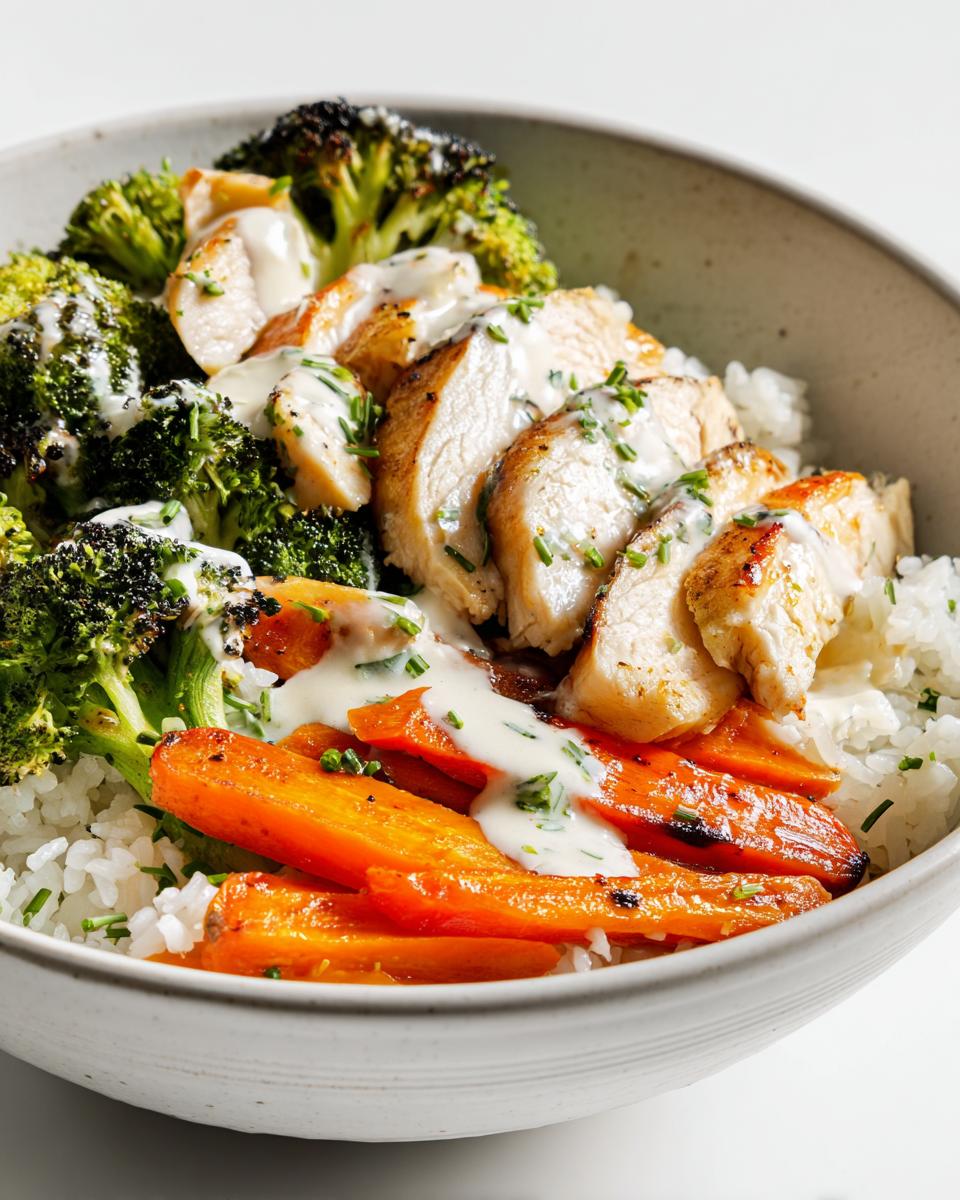 Close-up of a Meal Prep Summer Dinner Bowls featuring sliced grilled chicken, roasted carrots, broccoli, and white rice with a creamy sauce.