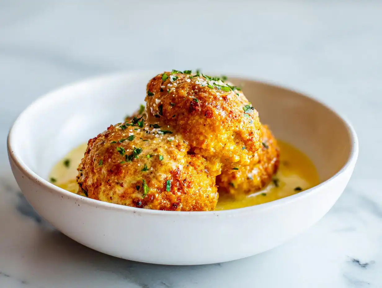 Three golden-brown chicken meatballs served in a creamy yellow sauce, garnished with herbs, perfect for Summer Dinner Easy Recipes.