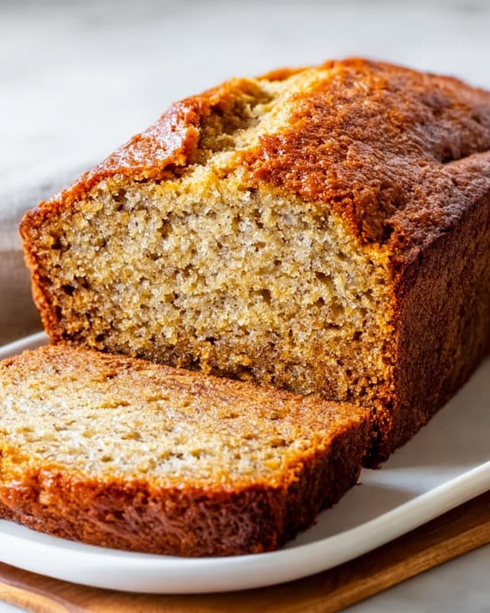 A close-up of a golden-brown Moist Banana Bread Loaf, with one thick slice cut and resting against the main loaf.