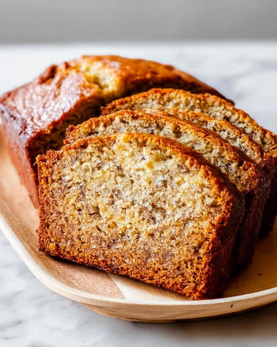 Close-up of a freshly baked Moist Banana Bread Loaf, sliced and presented on a light wooden serving dish.