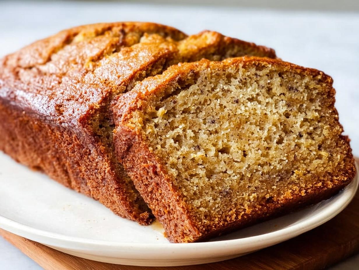 Close-up of a freshly baked Moist Banana Bread Loaf, partially sliced, showing its tender, golden crumb texture.