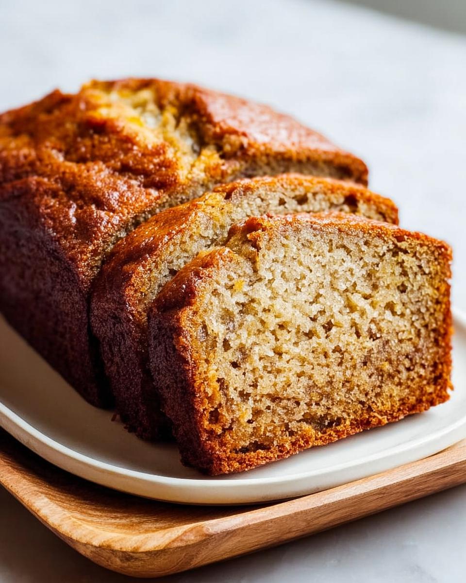 Close-up of a golden brown Moist Banana Bread Loaf, sliced and served on a white plate resting on a wooden tray.