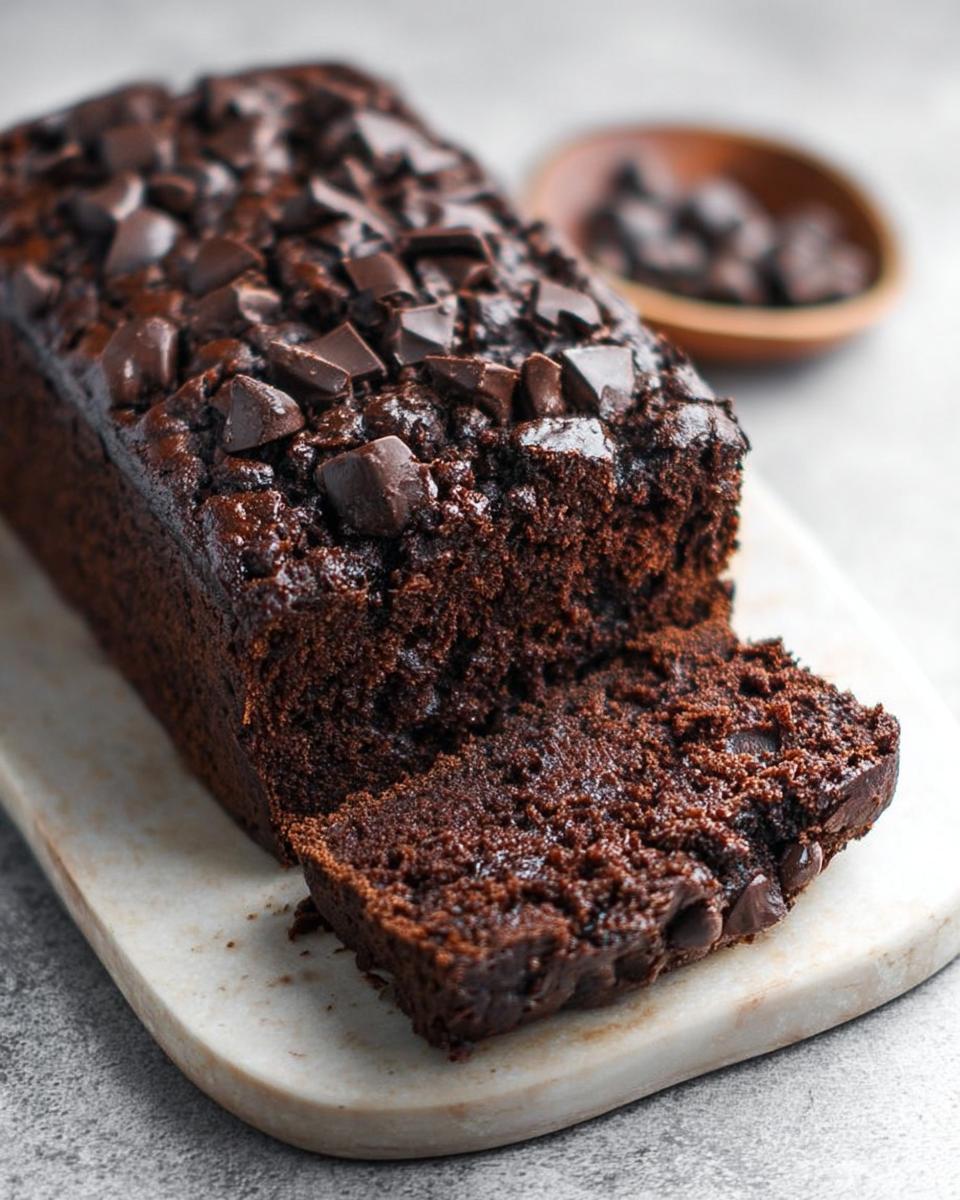 Two thick slices of moist Chocolate Banana Bread, topped with melted chocolate chips, resting in front of the loaf.