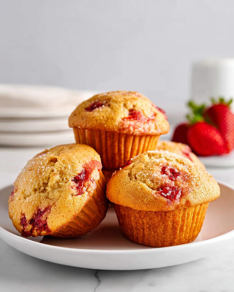 A stack of three moist Gluten Free Strawberry Muffins topped with coarse sugar on a white plate.