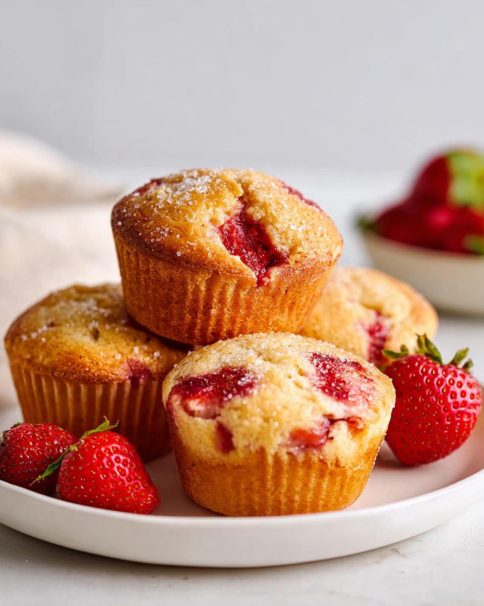 A stack of moist Gluten Free Strawberry Muffins topped with coarse sugar, served on a white plate with fresh strawberries.
