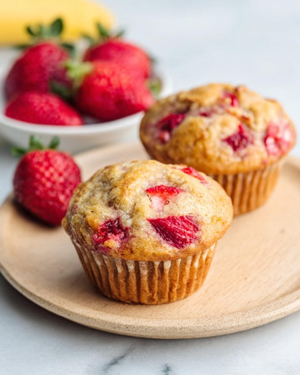 Two moist Strawberry Banana Muffins with visible strawberry pieces, served on a light wooden plate.