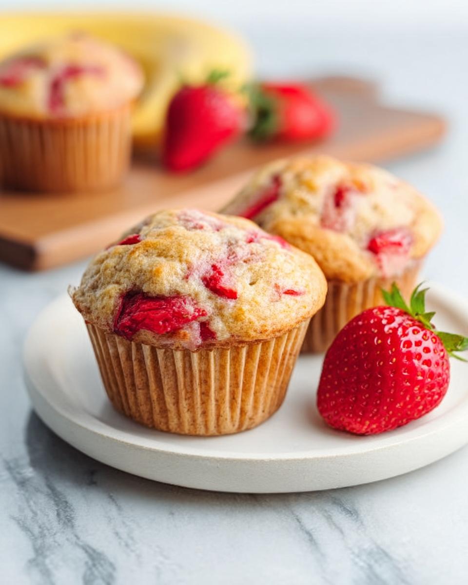 Two moist Strawberry Banana Muffins on a white plate next to a fresh strawberry.
