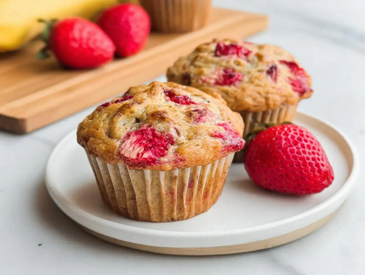 Two moist Strawberry Banana Muffins served on a white plate next to a fresh strawberry.