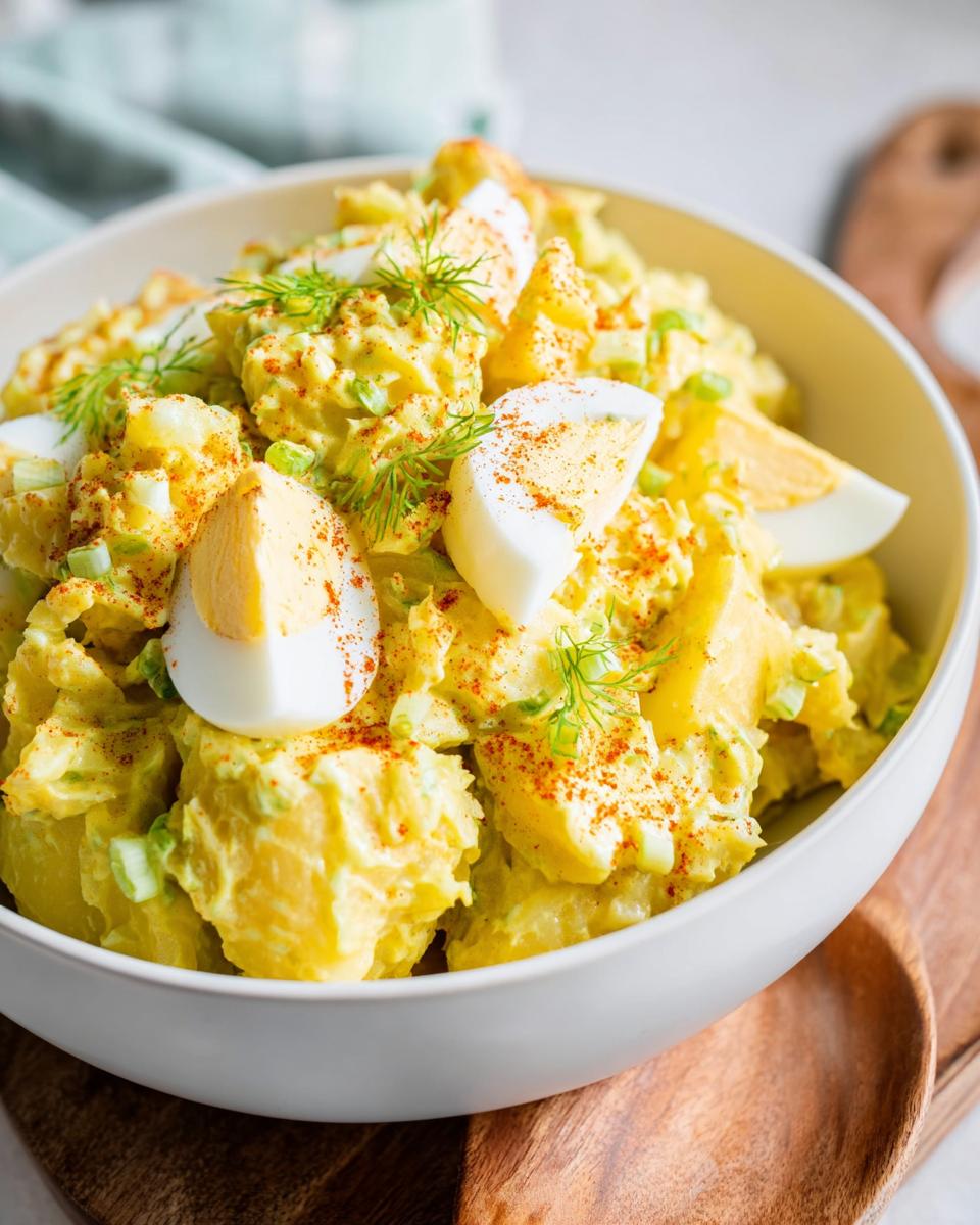 Close-up of a white bowl filled with creamy Mustard Potato Salad Southern Style, garnished with sliced hard-boiled eggs and paprika.