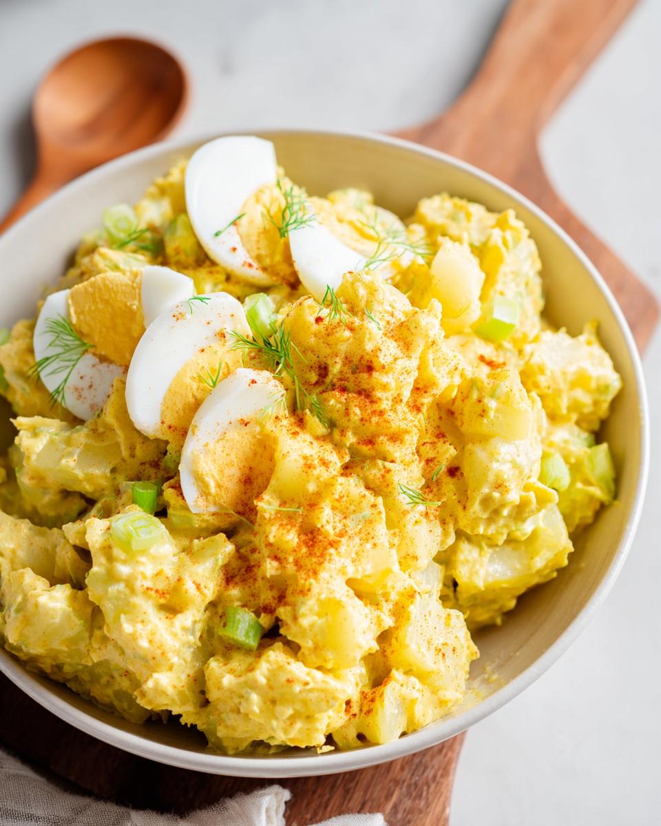 A close-up of creamy Mustard Potato Salad Southern Style in a bowl, topped with sliced hard-boiled eggs and paprika.