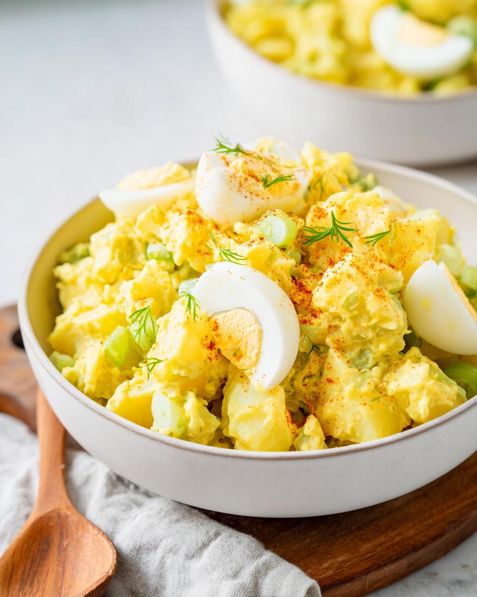Close-up of creamy Mustard Potato Salad Southern Style, garnished with hard-boiled egg wedges and paprika.