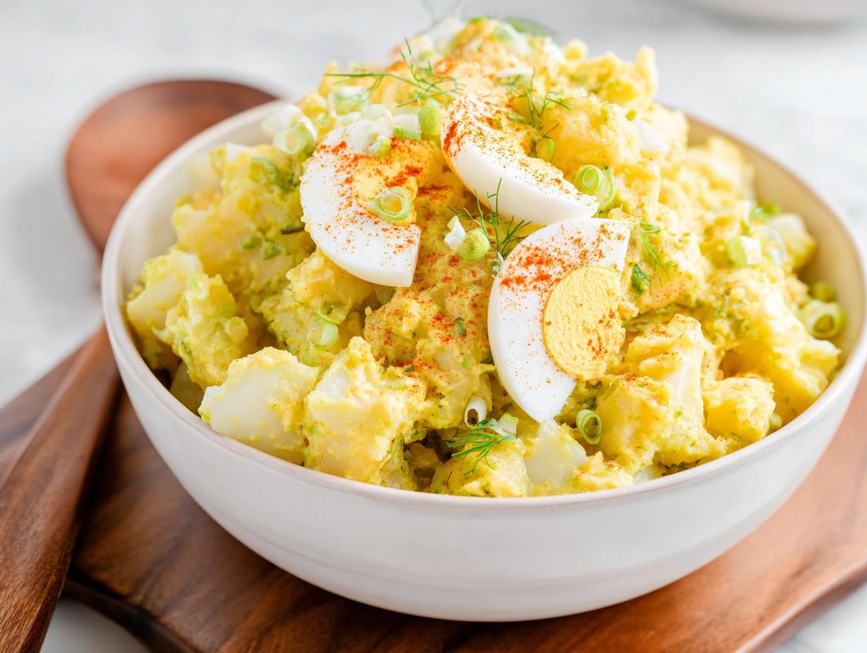 A close-up of creamy Mustard Potato Salad Southern Style garnished with sliced hard-boiled eggs and paprika.
