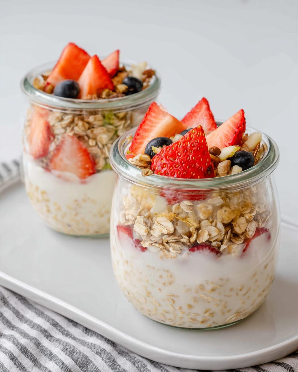 Two glass jars filled with layered Overnight Oats Aesthetic Jar, topped with fresh strawberries, blueberries, and granola.