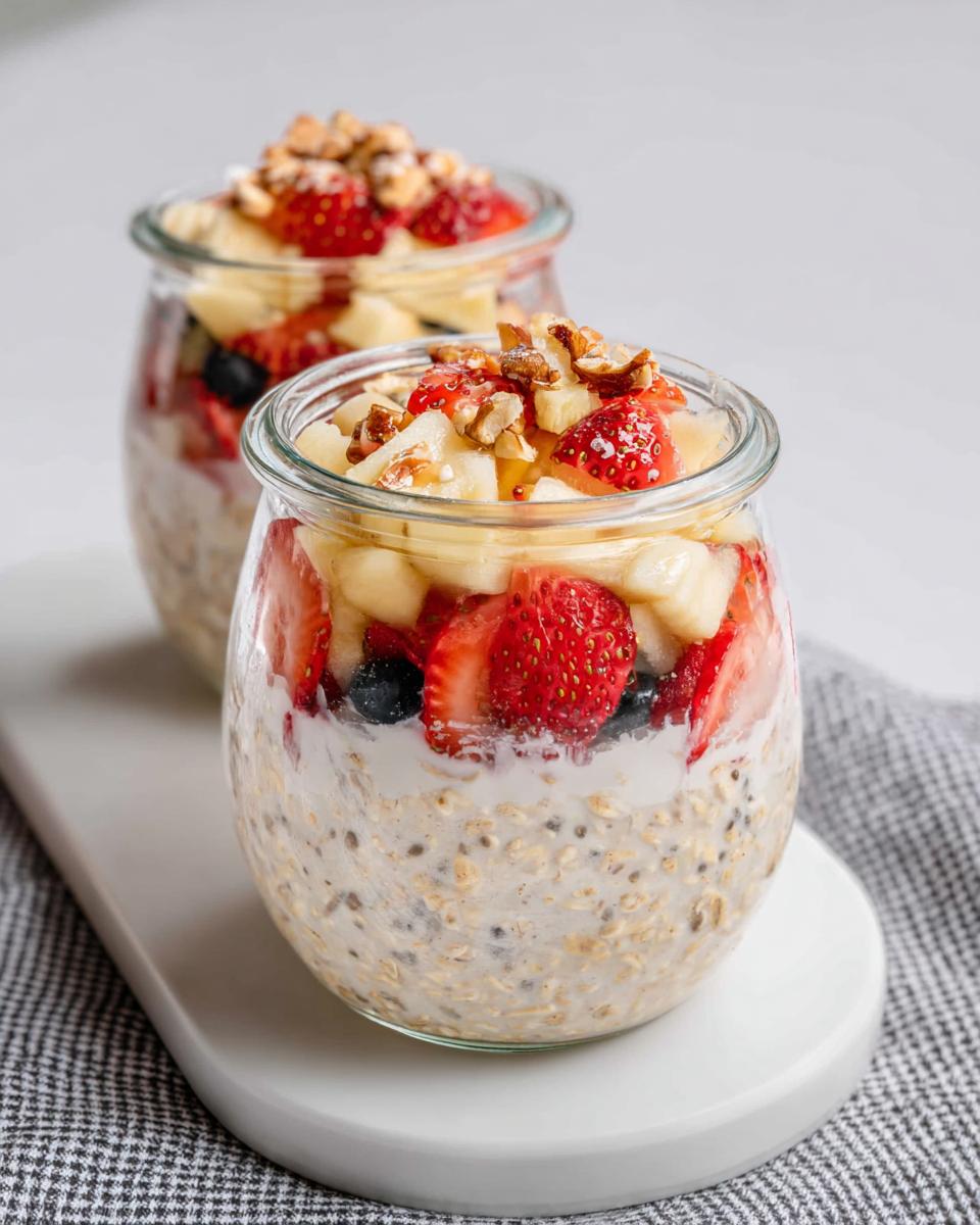 Two jars of aesthetic overnight oats topped with strawberries, banana chunks, nuts, and a drizzle of honey.