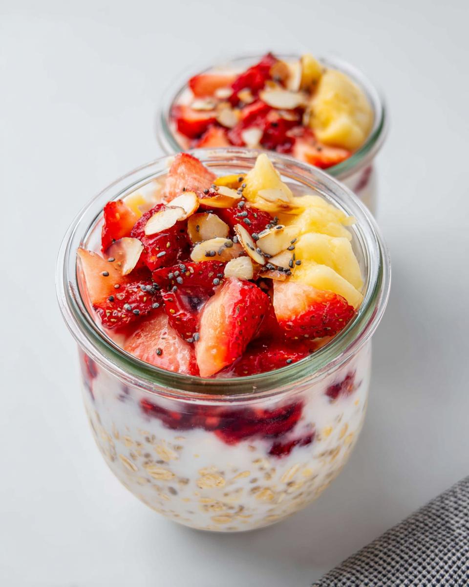 Close-up of an Overnight Oats Aesthetic Jar topped with fresh strawberries, pineapple, sliced almonds, and chia seeds.