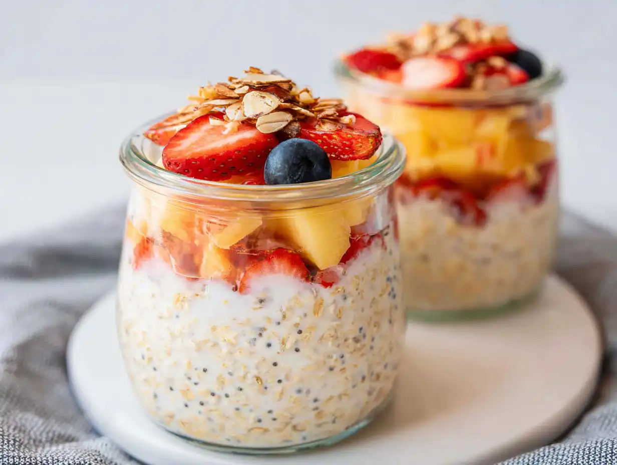Close-up of an Overnight Oats Aesthetic Jar layered with oats, chia seeds, fruit, and topped with granola.