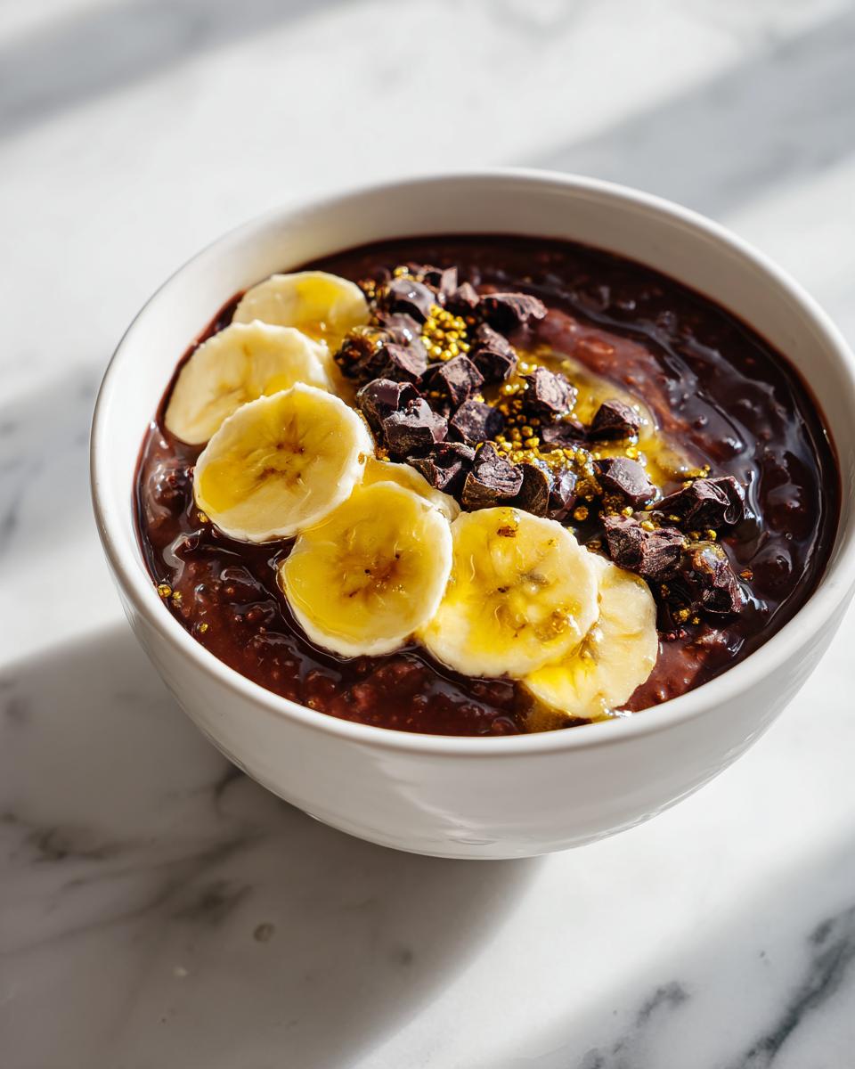 A bowl of rich, dark Overnight Oats Chocolate topped with sliced bananas, chocolate chunks, and bee pollen.