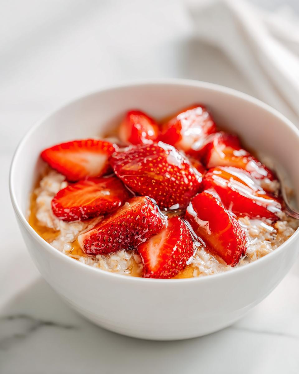 Close-up of a white bowl filled with Overnight Oats Strawberry, topped with fresh sliced strawberries and drizzled with honey.