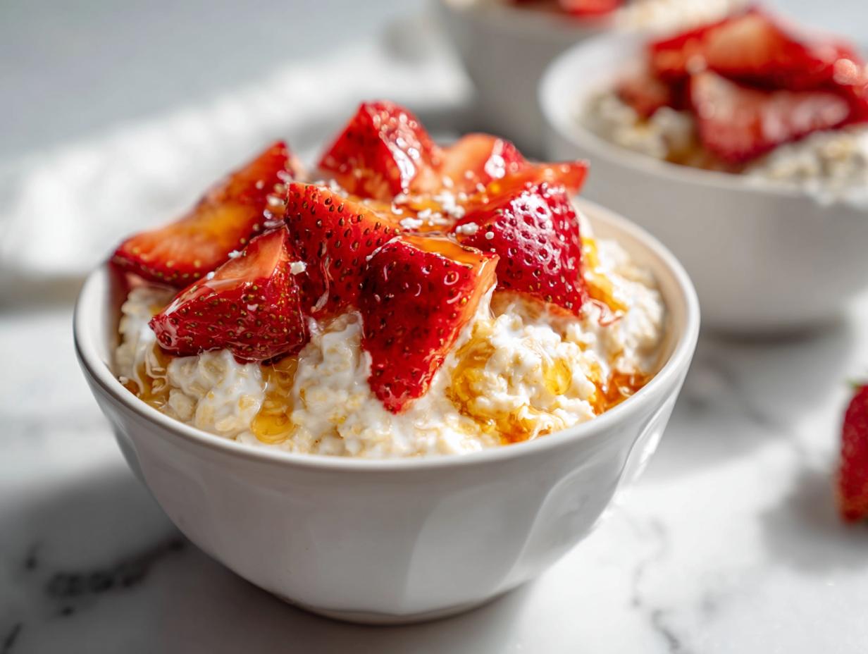 A close-up of creamy Overnight Oats Strawberry topped with fresh sliced strawberries and a drizzle of honey.