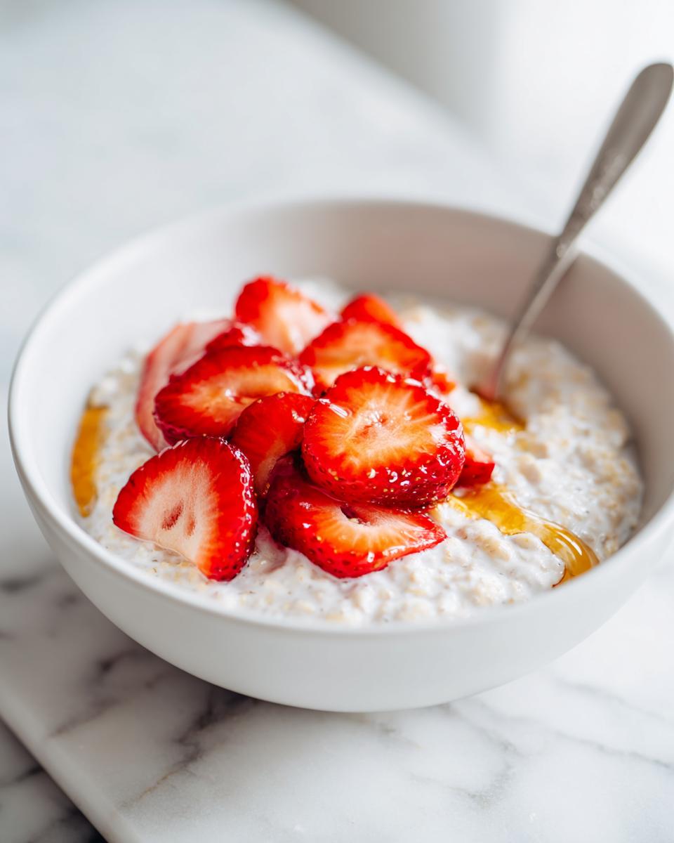 Close-up of Overnight Oats Strawberry topped with fresh sliced strawberries and a drizzle of honey in a white bowl.