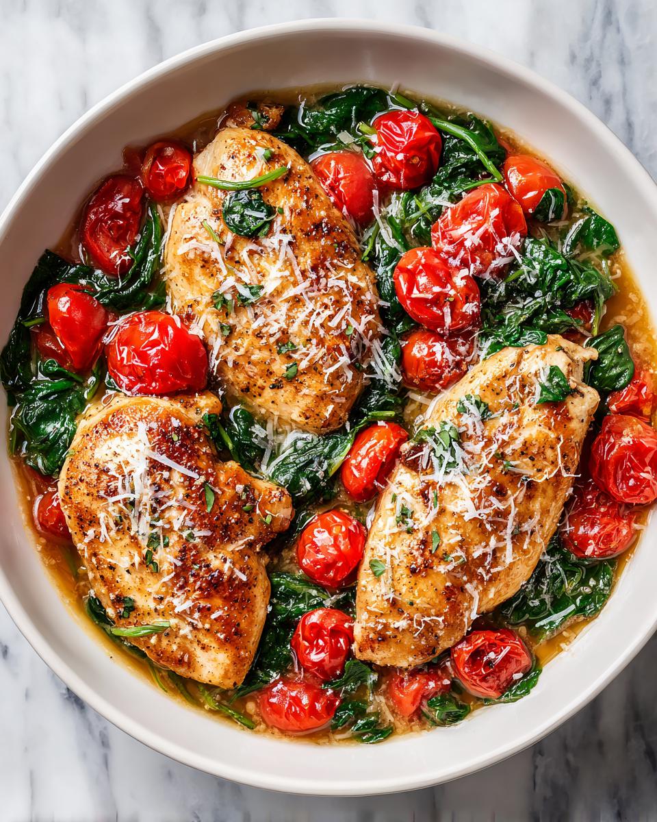 Three golden-brown chicken breasts served with wilted spinach and burst cherry tomatoes, topped with Parmesan cheese, perfect for Easy Summer Dinner Recipes Chicken.
